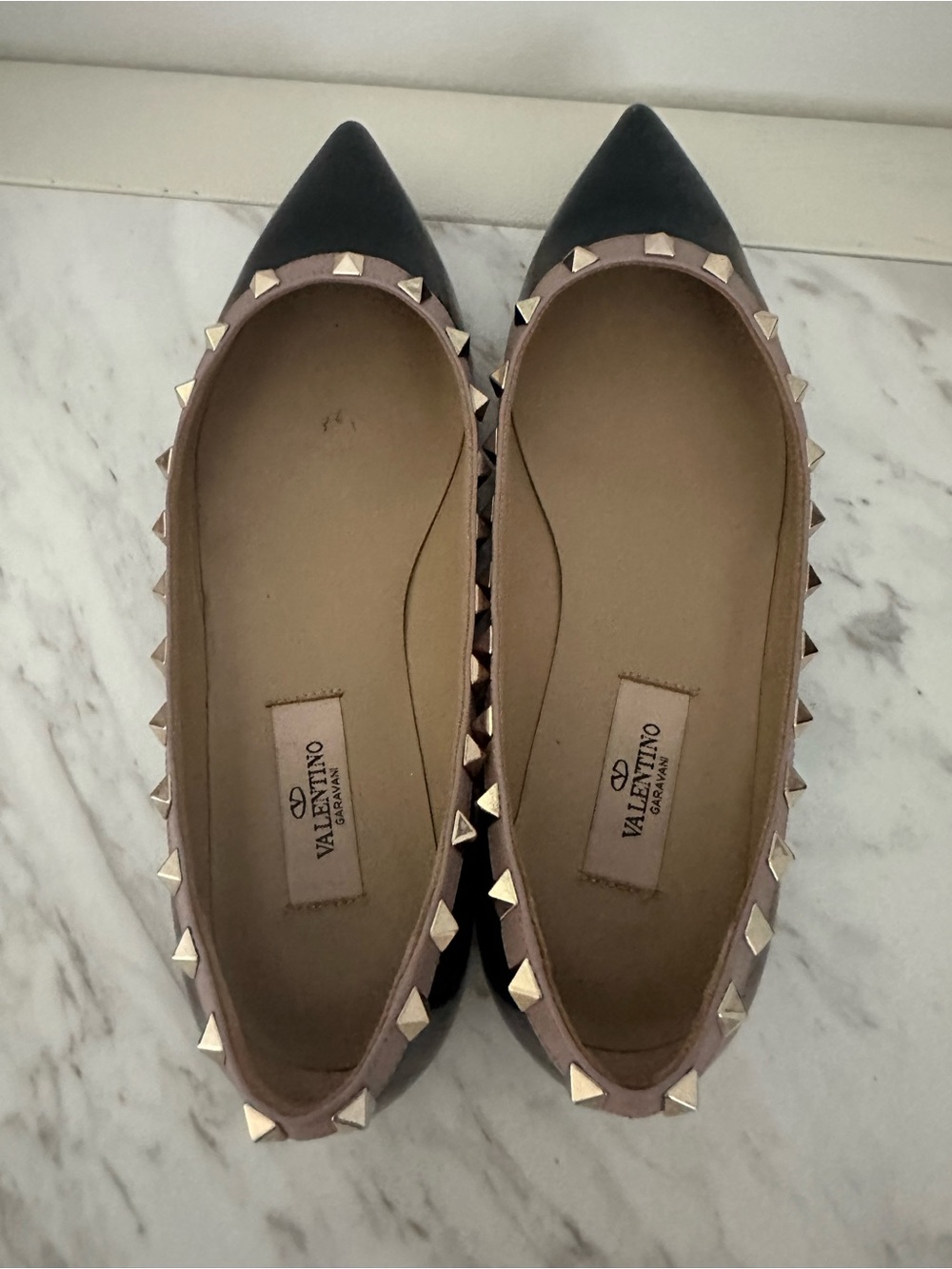 Valentino Black Patent Pointed Flats with Nude Trim & Gold Studs - Picture 5 of 5